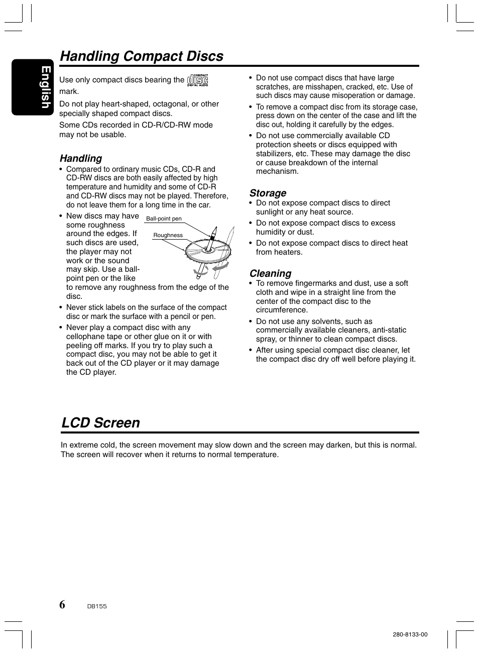 Handling compact discs, Lcd screen, English | Handling, Storage, Cleaning | Clarion DB155 User Manual | Page 5 / 12