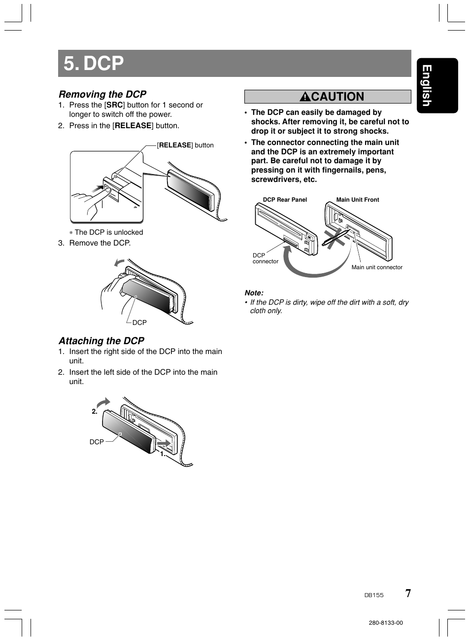 7english, Caution, Removing the dcp | Attaching the dcp | Clarion DB155 User Manual | Page 6 / 12