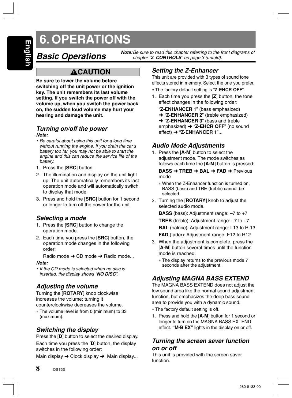 Operations, Basic operations, English | Caution, Turning on/off the power, Selecting a mode, Adjusting the volume, Switching the display, Setting the z-enhancer, Audio mode adjustments | Clarion DB155 User Manual | Page 7 / 12