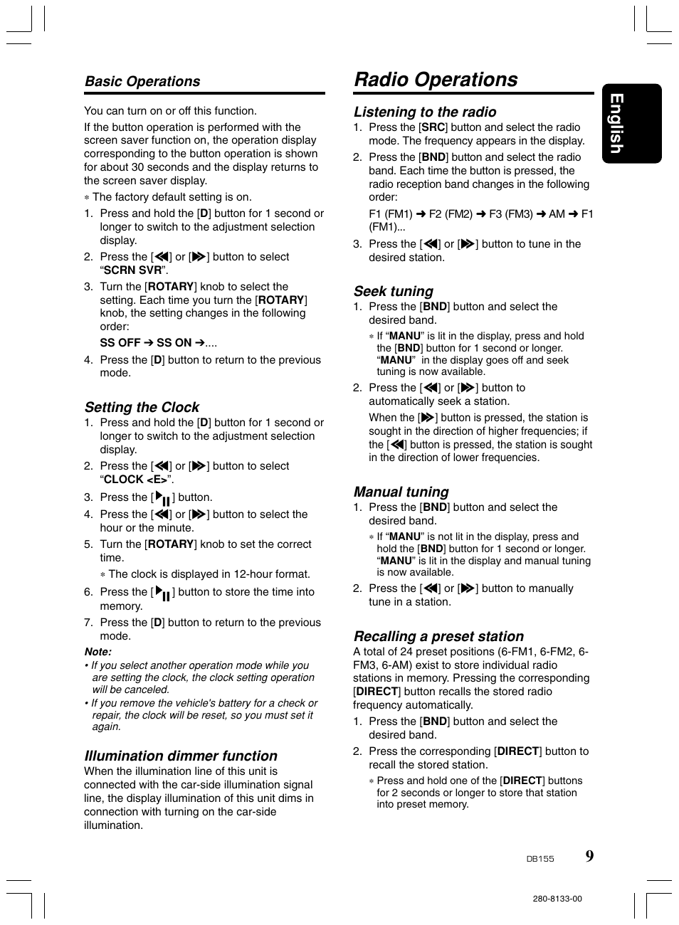 Radio operations, 9english, Setting the clock | Illumination dimmer function, Basic operations, Listening to the radio, Seek tuning, Manual tuning, Recalling a preset station | Clarion DB155 User Manual | Page 8 / 12