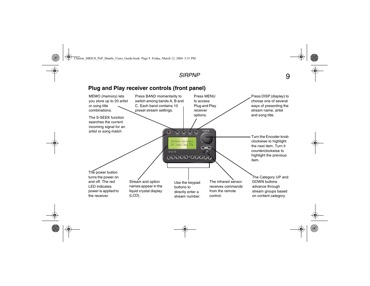 Plug and play receiver controls (front panel), Plug and play receiver controls, Front panel) | Sirpnp | Clarion Plug and Play Receiver User Manual | Page 11 / 40