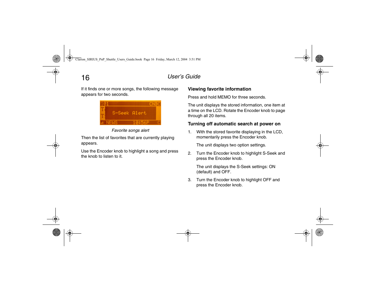 Viewing favorite information, Turning off automatic search at power on, Power on | Clarion Plug and Play Receiver User Manual | Page 18 / 40