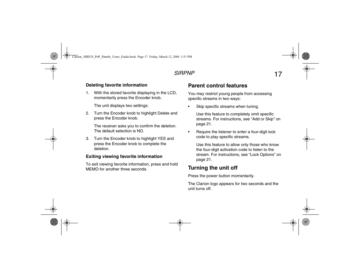 Deleting favorite information, Exiting viewing favorite information, Parent control features | Turning the unit off, Parent control features turning the unit off | Clarion Plug and Play Receiver User Manual | Page 19 / 40