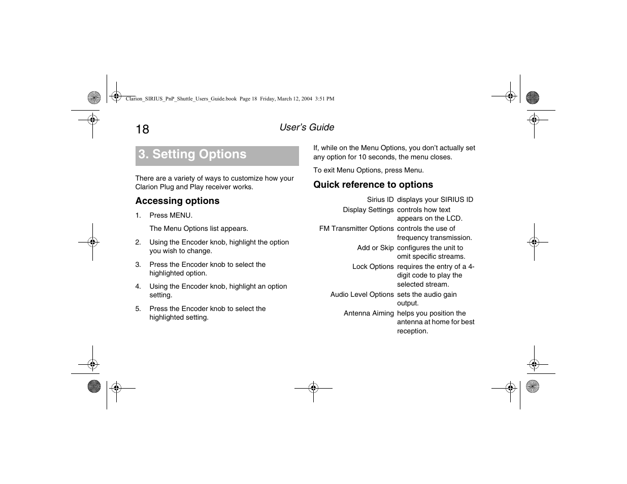 Setting options, Accessing options, Quick reference to options | Clarion Plug and Play Receiver User Manual | Page 20 / 40