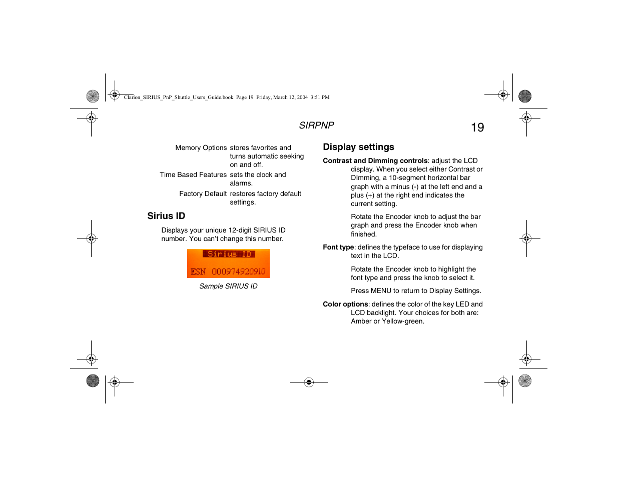 Sirius id, Display settings, Sirius id display settings | Clarion Plug and Play Receiver User Manual | Page 21 / 40