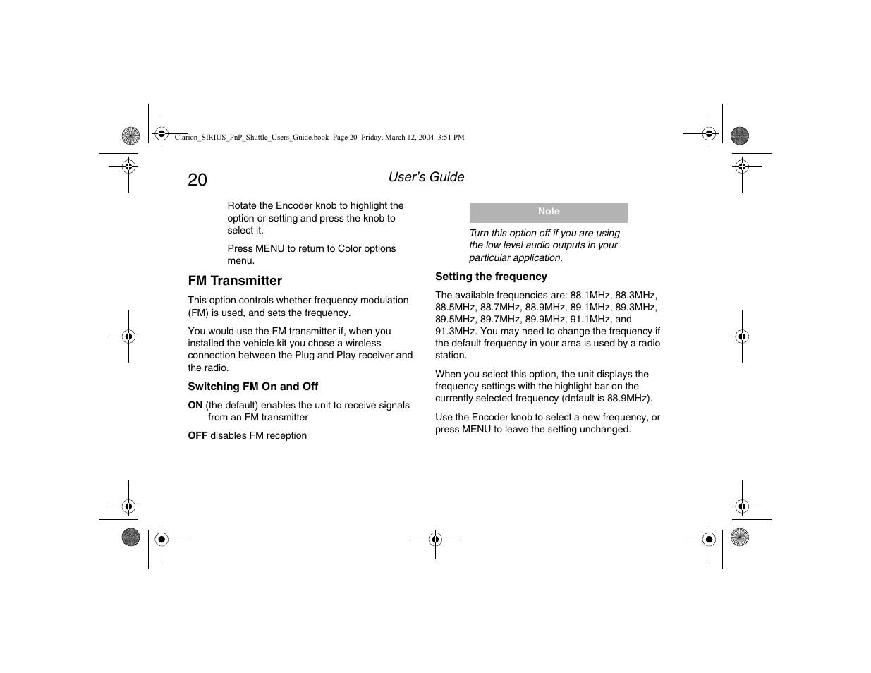 Fm transmitter, Switching fm on and off, Setting the frequency | Switching fm on and off setting the frequency | Clarion Plug and Play Receiver User Manual | Page 22 / 40