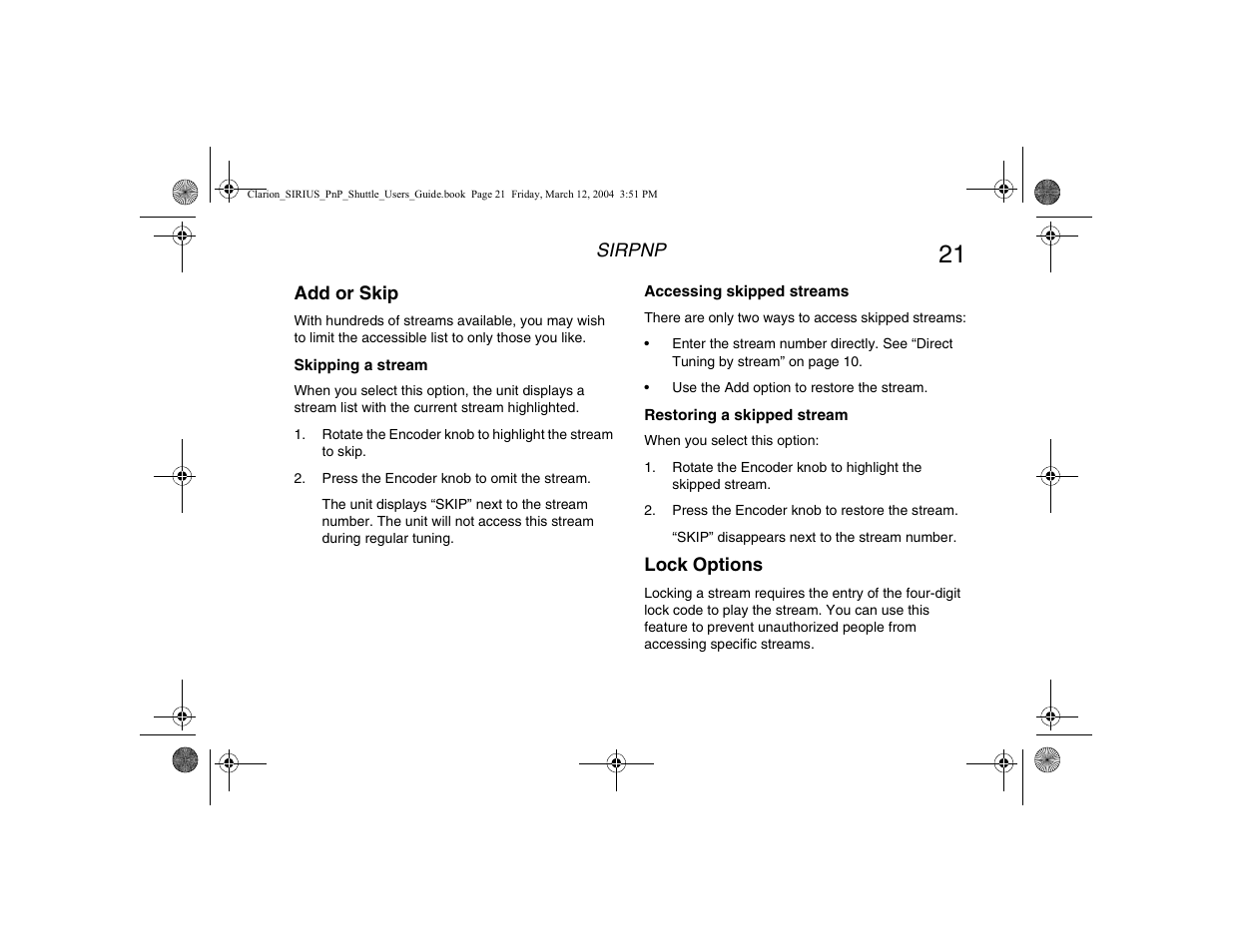 Add or skip, Skipping a stream, Accessing skipped streams | Restoring a skipped stream, Lock options | Clarion Plug and Play Receiver User Manual | Page 23 / 40