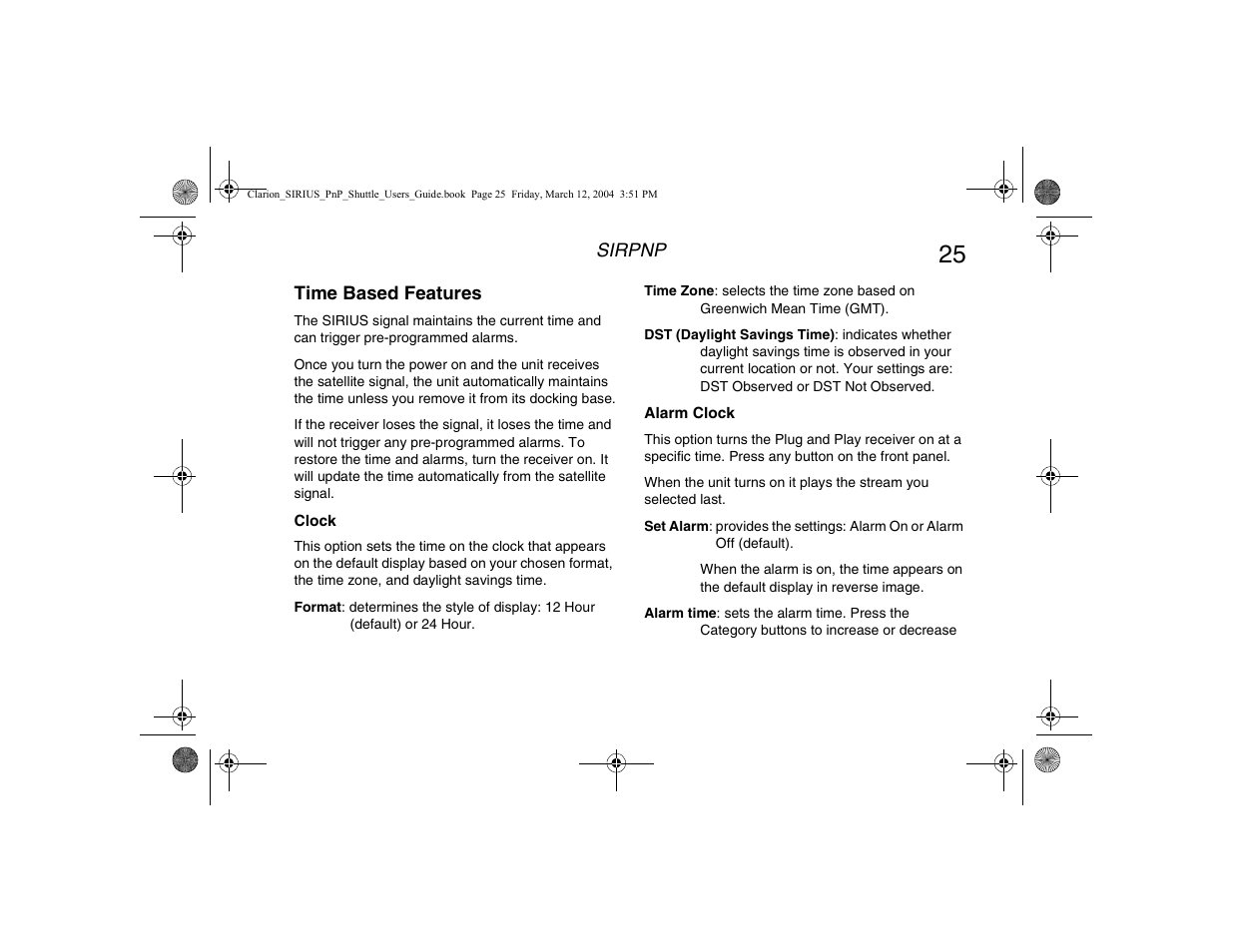 Time based features, Clock, Alarm clock | Clock alarm clock | Clarion Plug and Play Receiver User Manual | Page 27 / 40