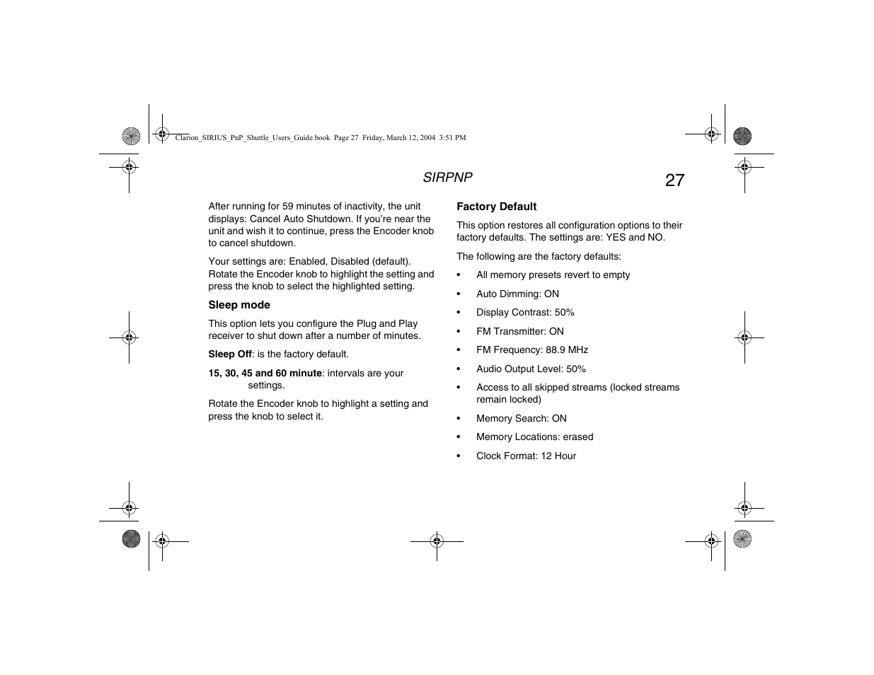 Sleep mode, Factory default, Sleep mode factory default | Sirpnp | Clarion Plug and Play Receiver User Manual | Page 29 / 40