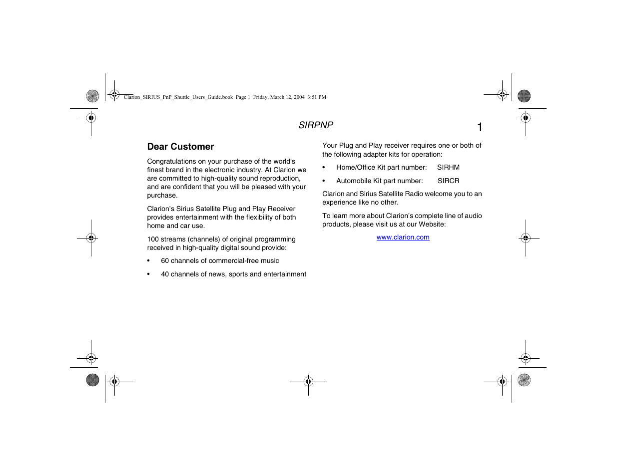 Dear customer | Clarion Plug and Play Receiver User Manual | Page 3 / 40