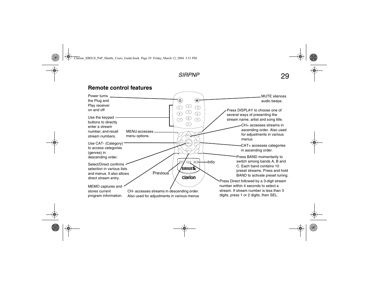 Remote control features, Sirpnp | Clarion Plug and Play Receiver User Manual | Page 31 / 40