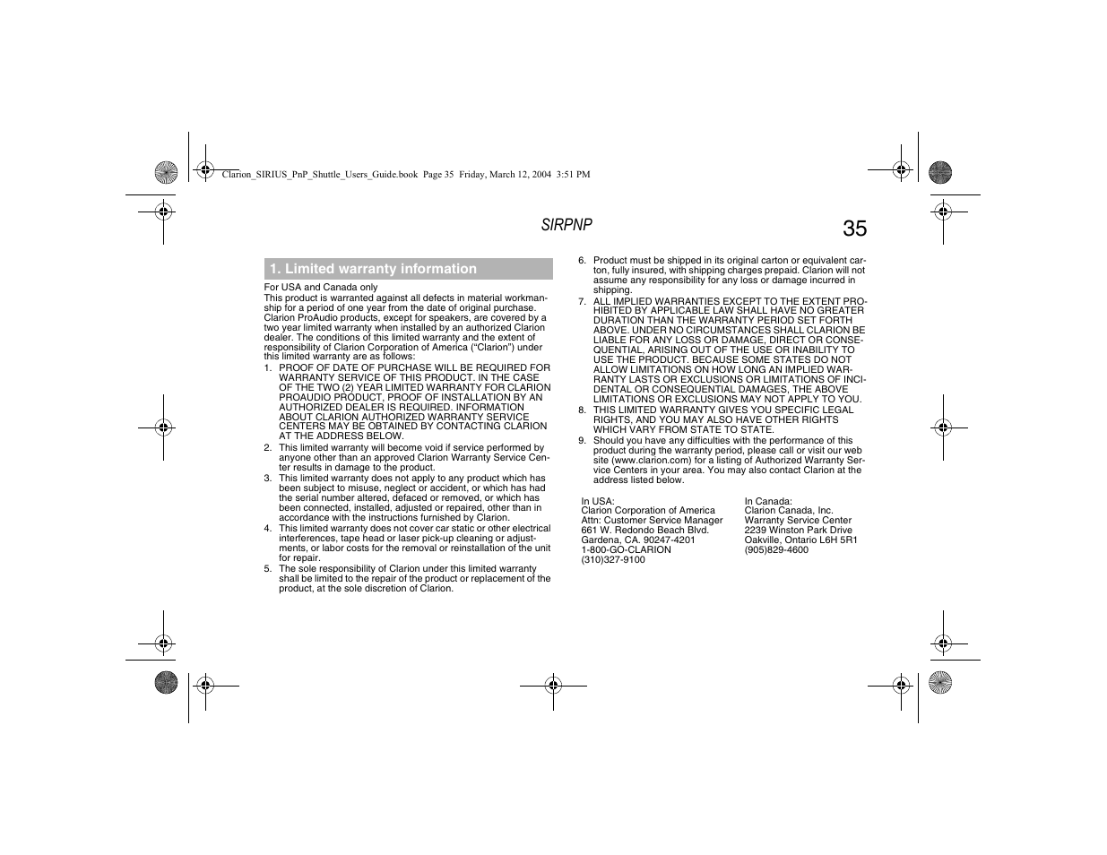 Limited warranty information, Sirpnp | Clarion Plug and Play Receiver User Manual | Page 37 / 40