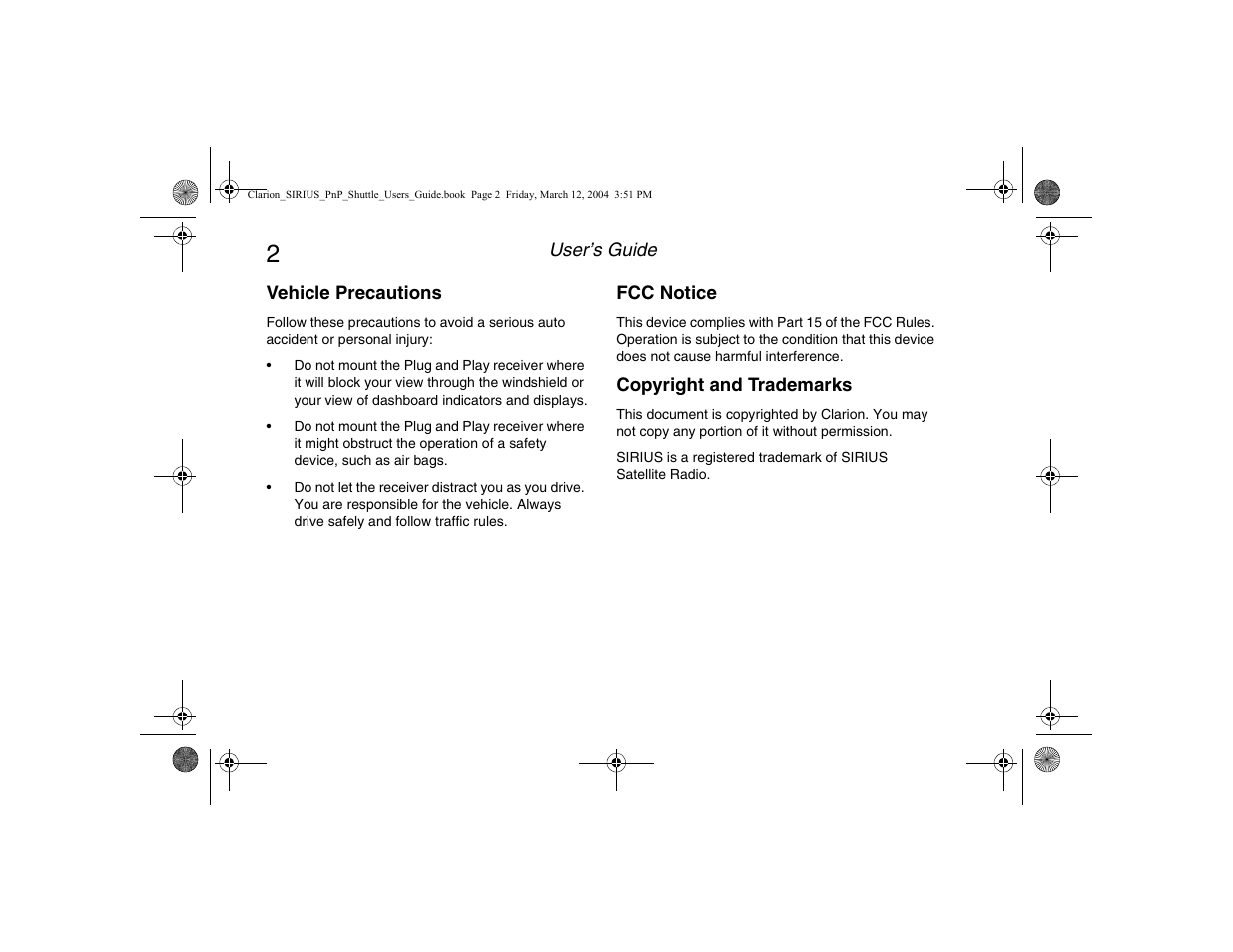 Vehicle precautions, Fcc notice, Copyright and trademarks | Clarion Plug and Play Receiver User Manual | Page 4 / 40
