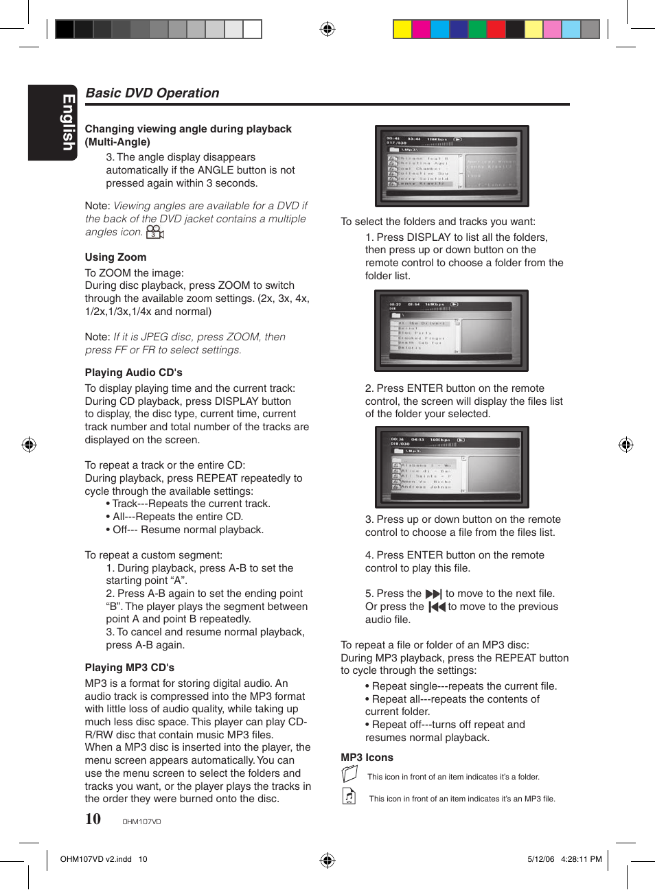 English, Basic dvd operation | Clarion OHM107VD User Manual | Page 10 / 20
