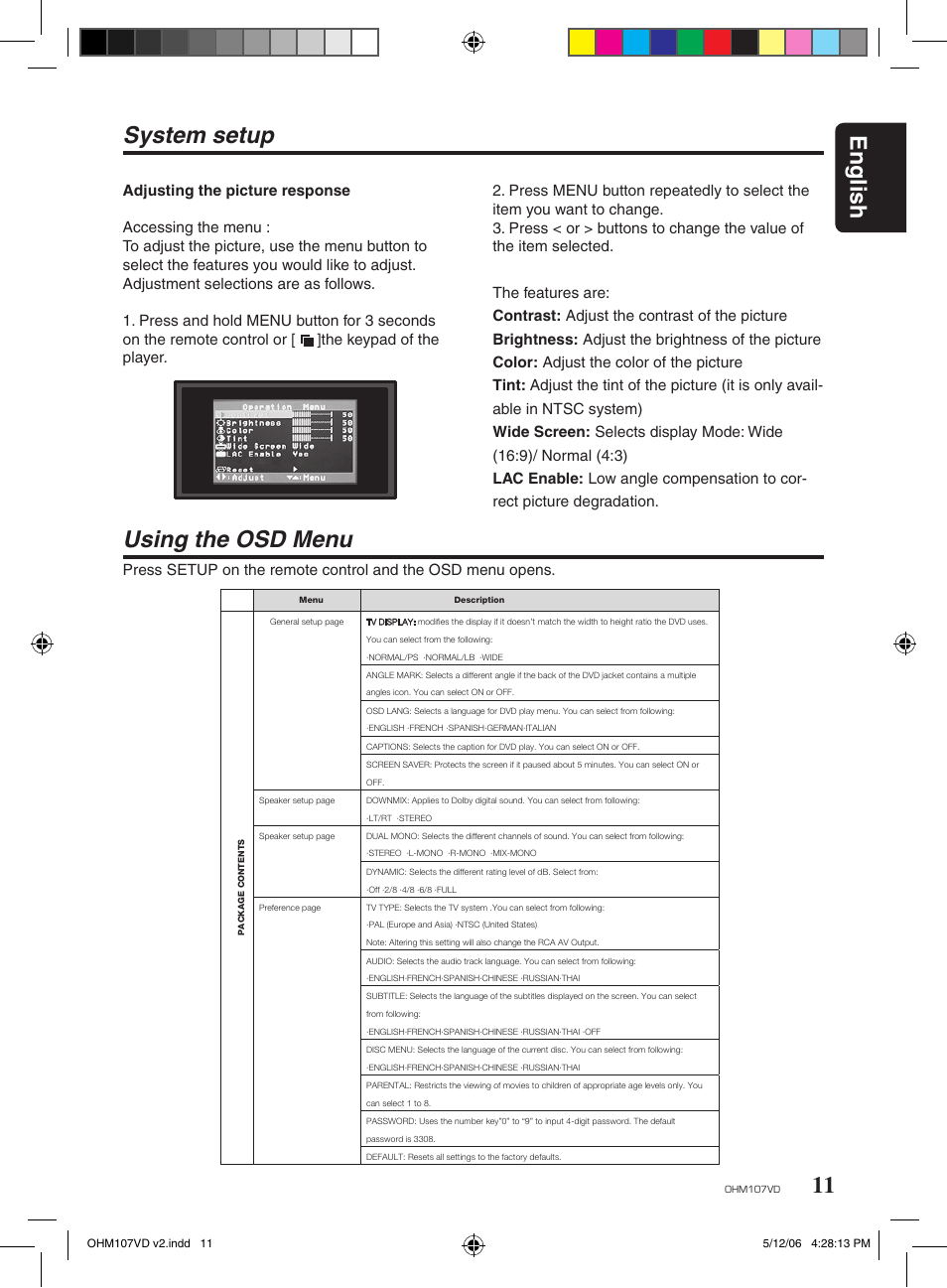 English, System setup, Using the osd menu | Clarion OHM107VD User Manual | Page 11 / 20