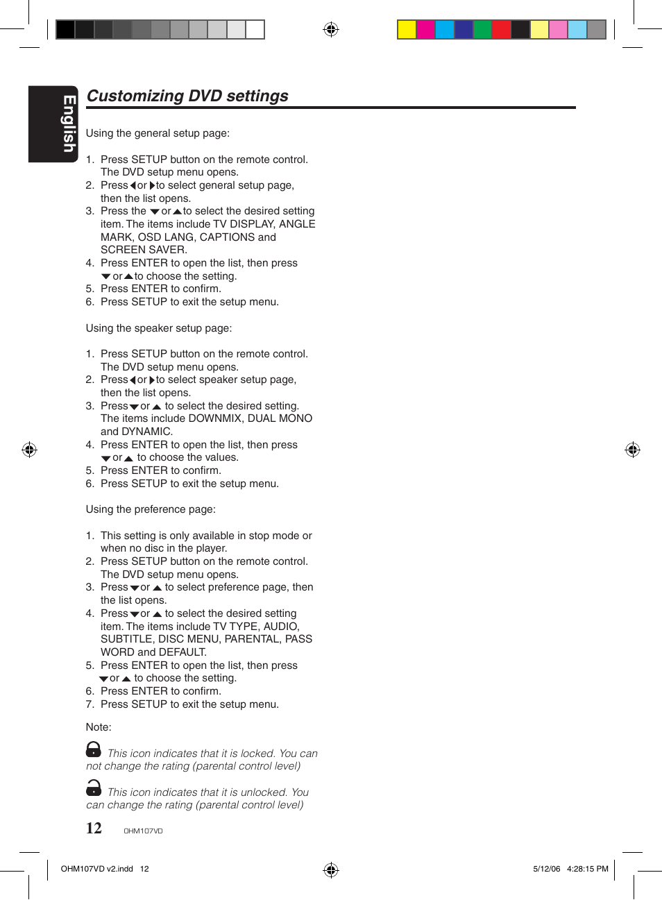English, Customizing dvd settings | Clarion OHM107VD User Manual | Page 12 / 20