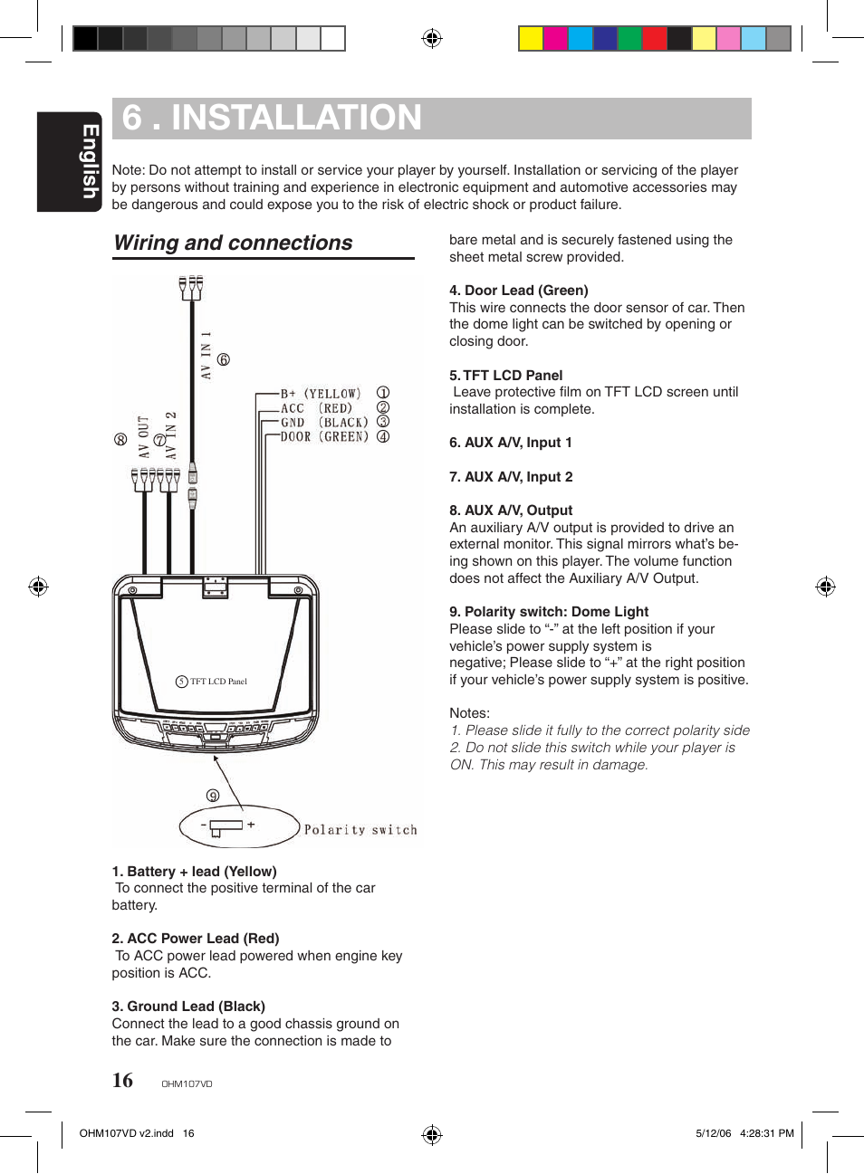 6 . installation, English, Wiring and connections | Clarion OHM107VD User Manual | Page 16 / 20