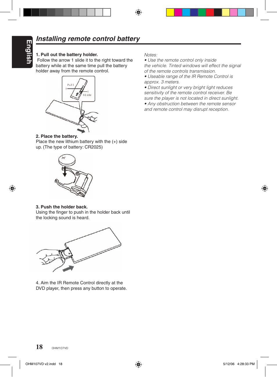 English, Installing remote control battery | Clarion OHM107VD User Manual | Page 18 / 20