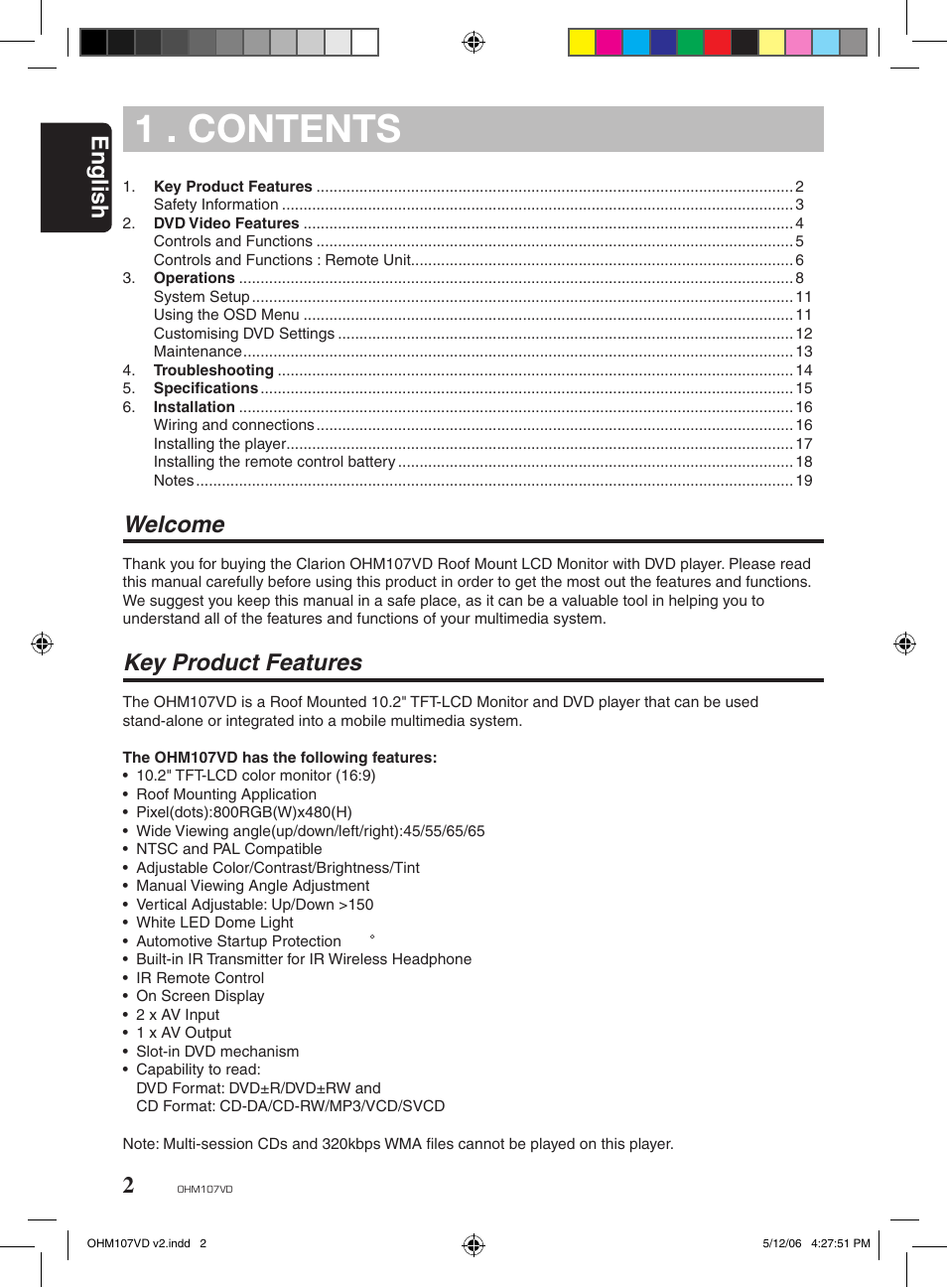 1 . contents, English, Welcome | Key product features | Clarion OHM107VD User Manual | Page 2 / 20