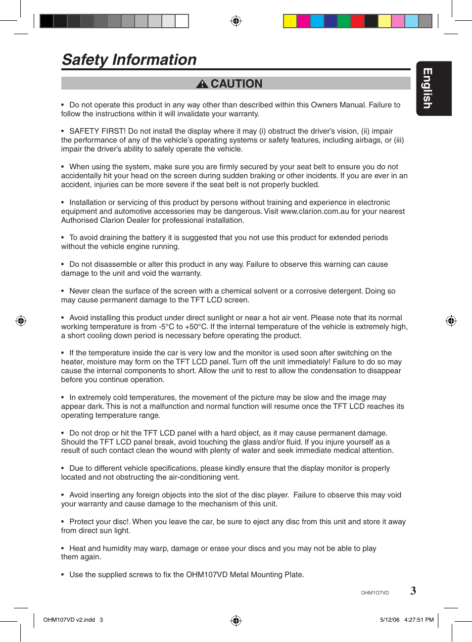 Safety information, English, Caution | Clarion OHM107VD User Manual | Page 3 / 20