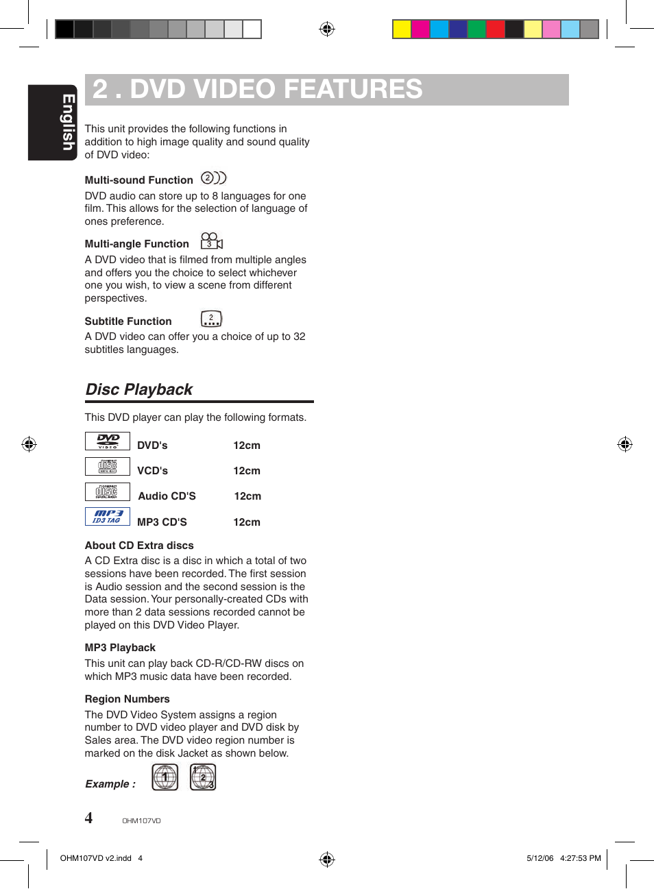 2 . dvd video features, English, Disc playback | Clarion OHM107VD User Manual | Page 4 / 20