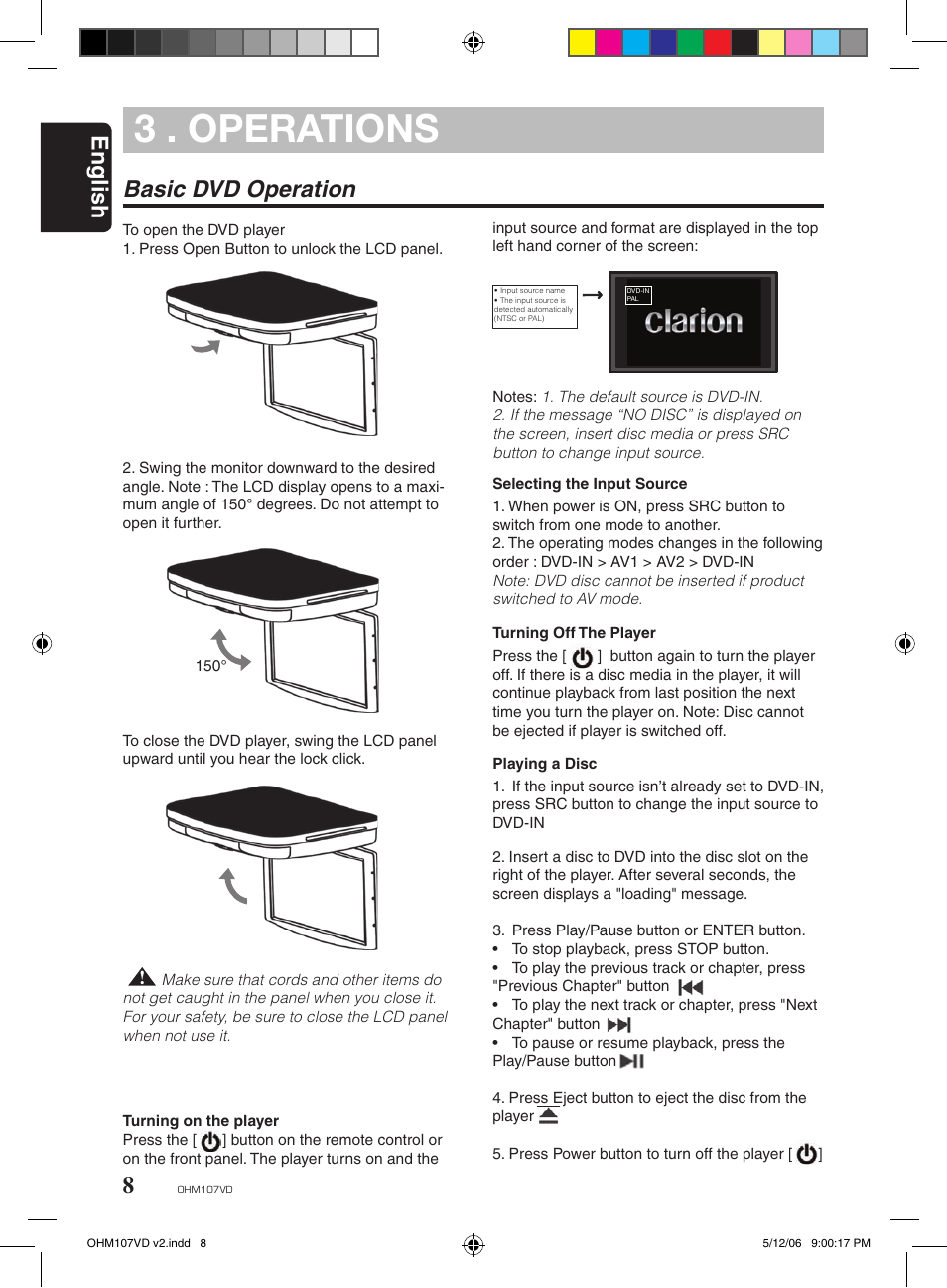 3 . operations, English, Basic dvd operation | Clarion OHM107VD User Manual | Page 8 / 20