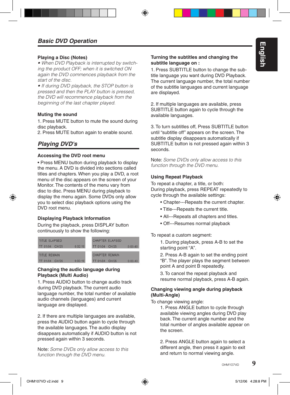 English, Playing dvd's, Basic dvd operation | Clarion OHM107VD User Manual | Page 9 / 20