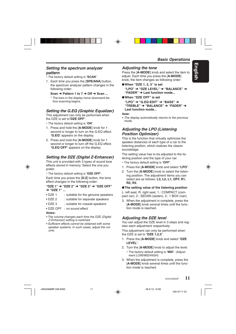 11 english, Setting the spectrum analyzer pattern, Setting the g.eq (graphic equalizer) | Setting the dze (digital z-enhancer), Basic operations adjusting the tone, Adjusting the lpo (listening position optimizer), Adjusting the dze level | Clarion WXZ466MP User Manual | Page 11 / 30