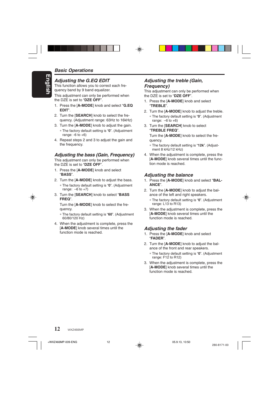 English, Basic operations adjusting the g.eq edit, Adjusting the bass (gain, frequency) | Adjusting the treble (gain, frequency), Adjusting the balance, Adjusting the fader | Clarion WXZ466MP User Manual | Page 12 / 30