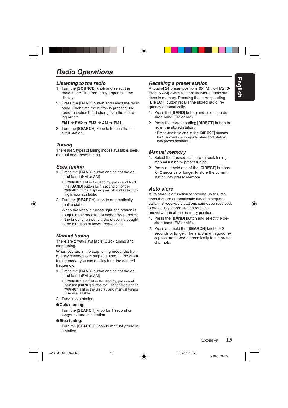 Radio operations, 13 english | Clarion WXZ466MP User Manual | Page 13 / 30