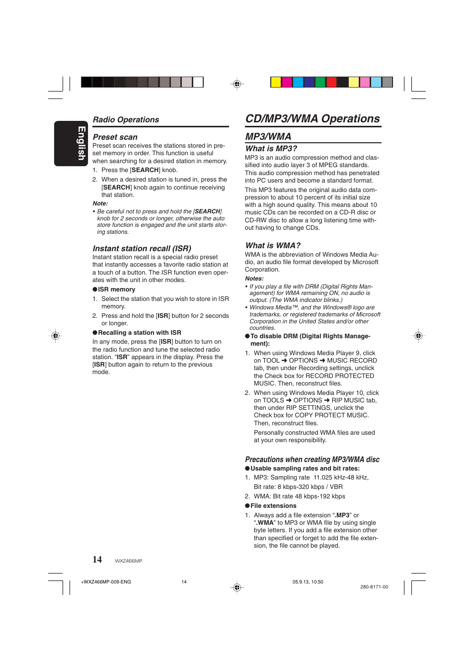 Cd/mp3/wma operations, English, Mp3/wma | Clarion WXZ466MP User Manual | Page 14 / 30