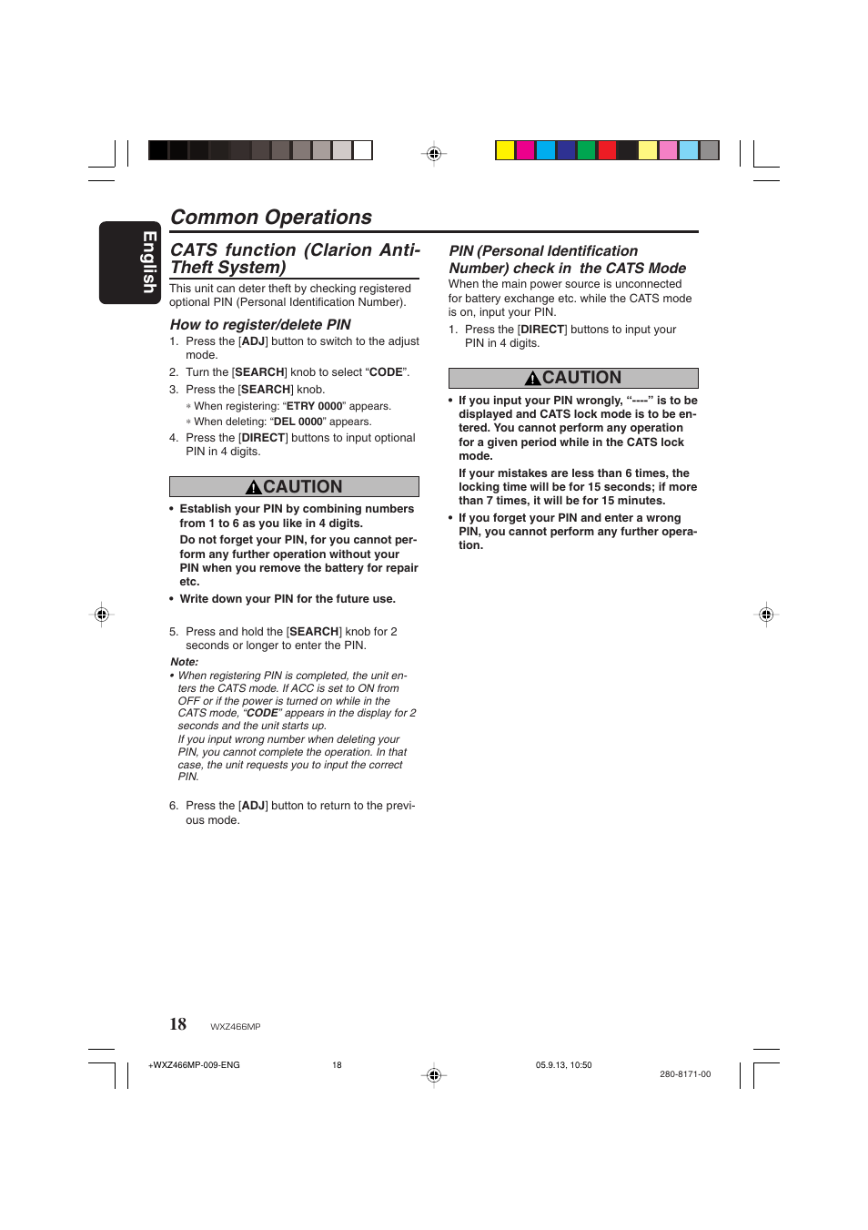 Common operations, Cats function (clarion anti-theft system), English | Cats function (clarion anti- theft system), Caution | Clarion WXZ466MP User Manual | Page 18 / 30