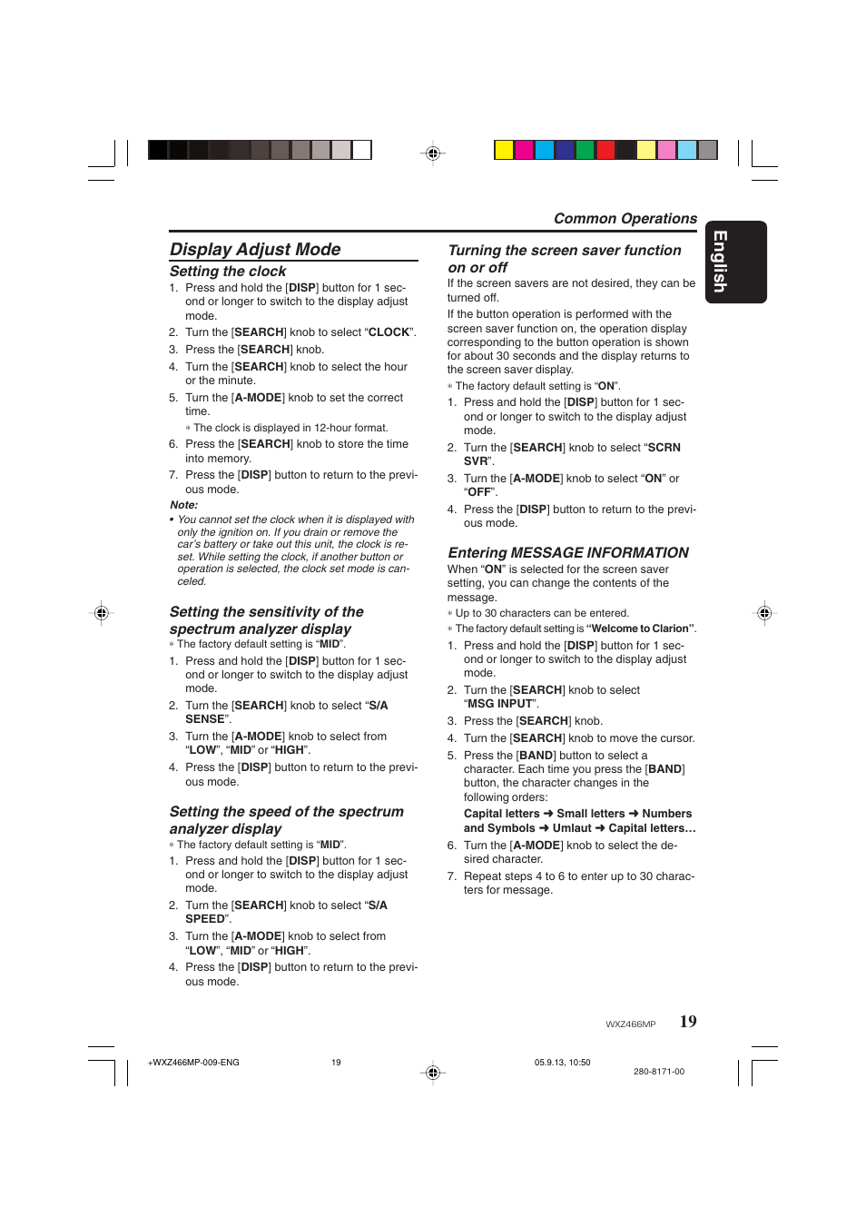 Display adjust mode, 19 english, Turning the screen saver function on or off | Entering message information, Setting the clock, Setting the speed of the spectrum analyzer display, Common operations | Clarion WXZ466MP User Manual | Page 19 / 30