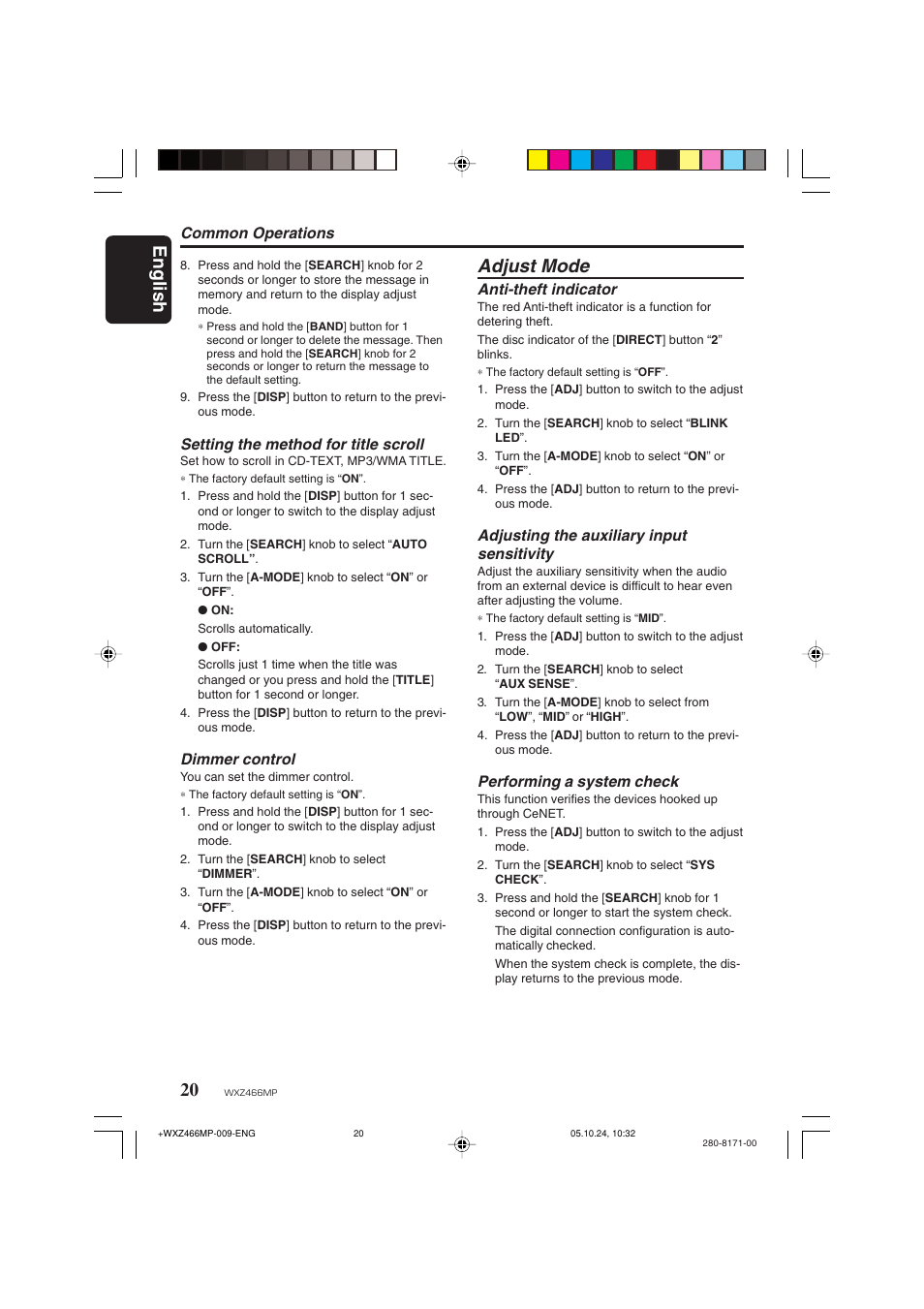 Adjust mode, English, Common operations | Setting the method for title scroll, Dimmer control, Anti-theft indicator, Adjusting the auxiliary input sensitivity, Performing a system check | Clarion WXZ466MP User Manual | Page 20 / 30