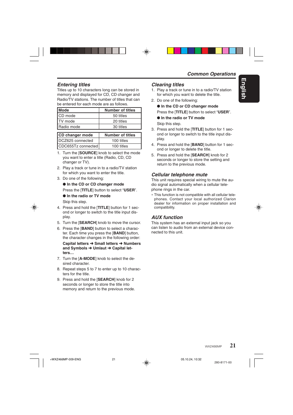 21 english, Clearing titles, Cellular telephone mute | Aux function, Common operations entering titles | Clarion WXZ466MP User Manual | Page 21 / 30