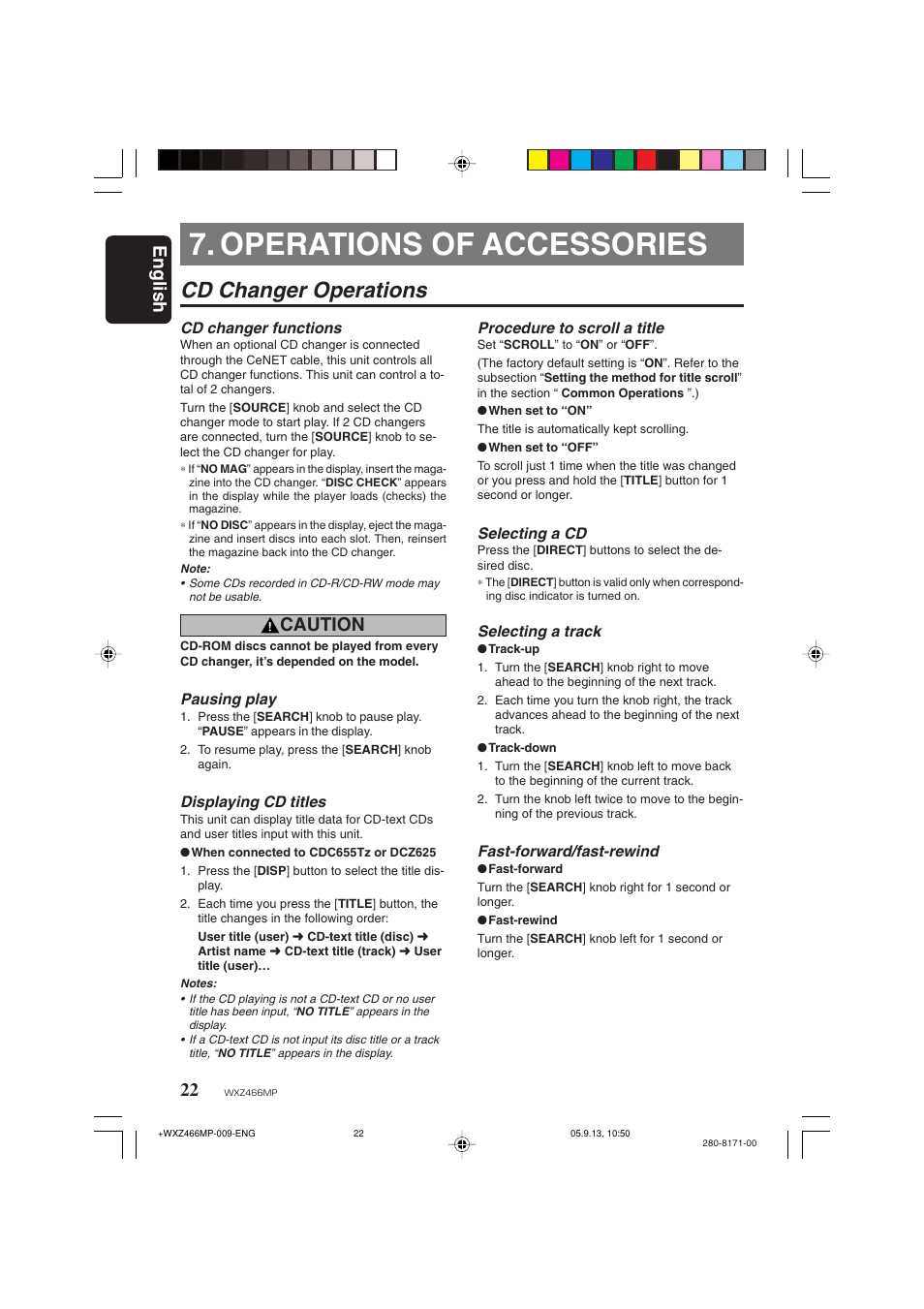 Operations of accessories, Cd changer operations, English | Caution | Clarion WXZ466MP User Manual | Page 22 / 30