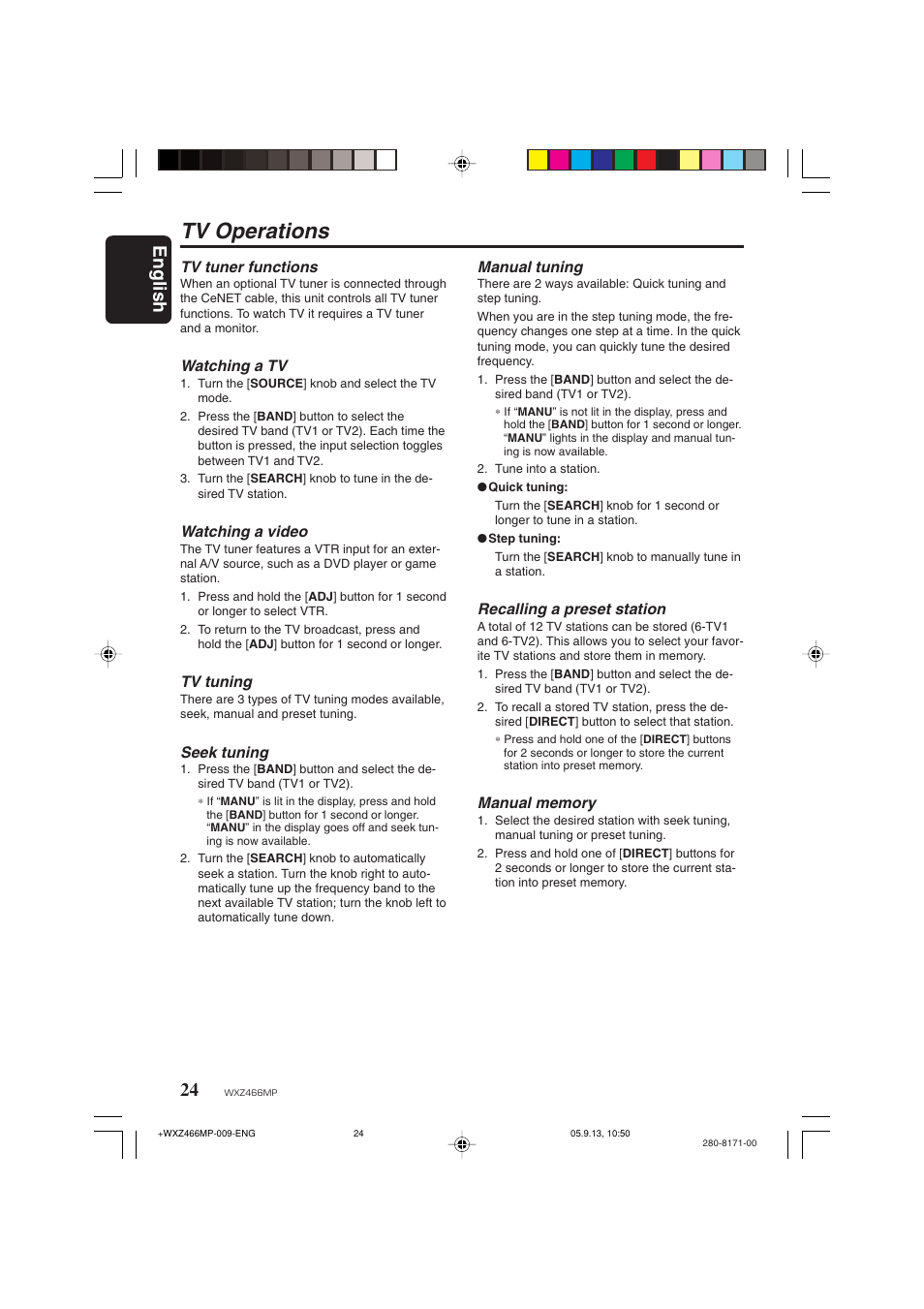 Tv operations, English | Clarion WXZ466MP User Manual | Page 24 / 30