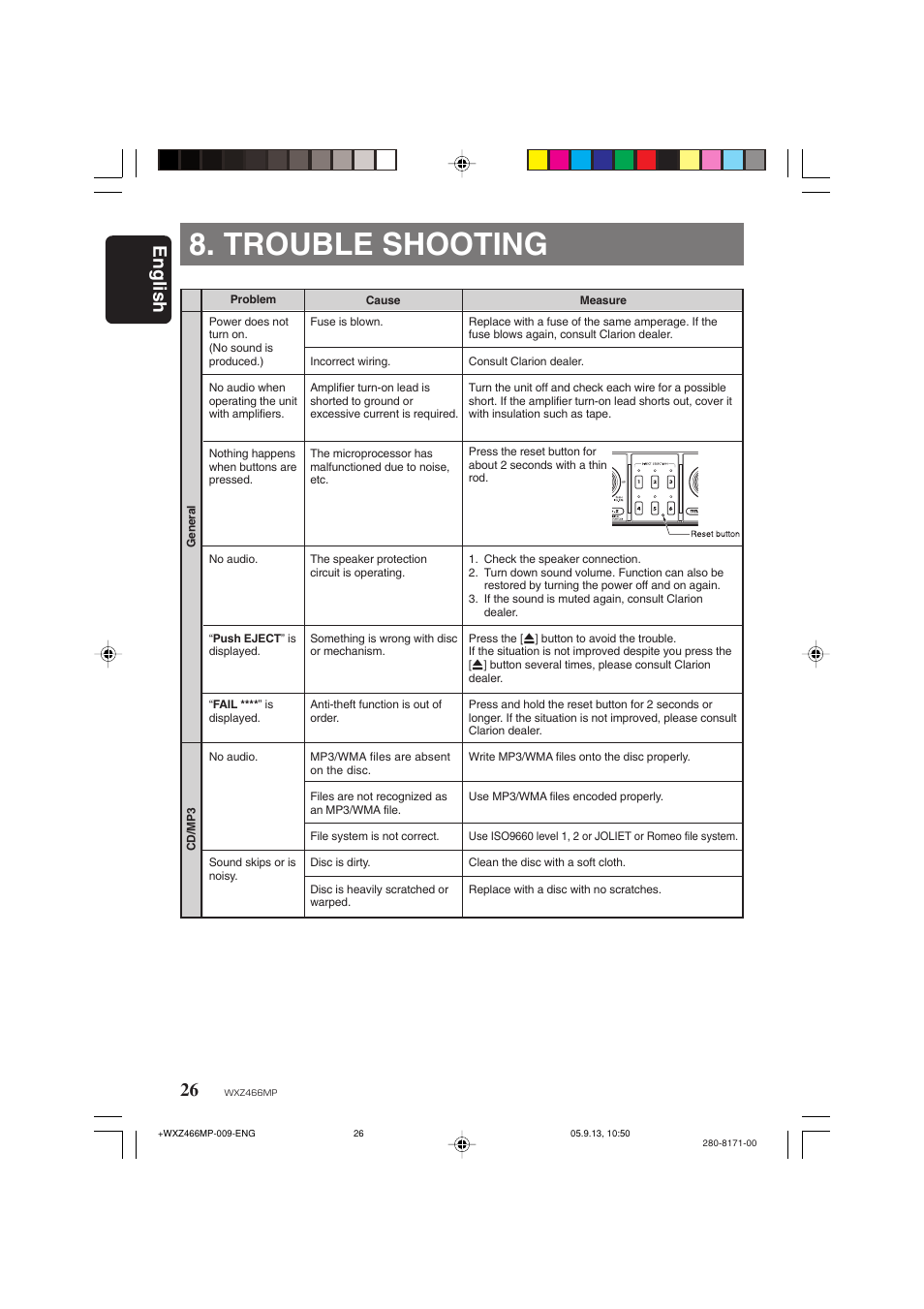 Trouble shooting, English | Clarion WXZ466MP User Manual | Page 26 / 30