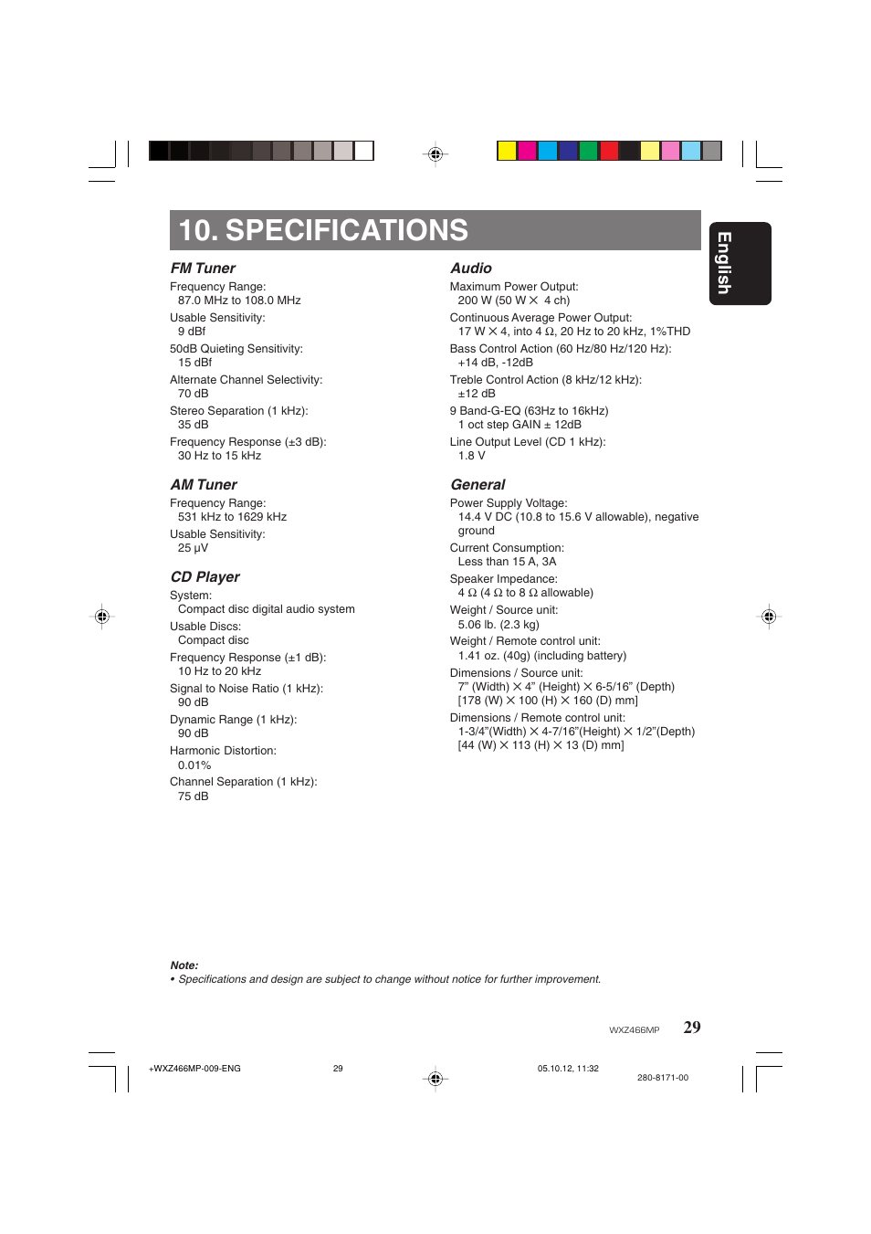 Specifications, 29 english, Fm tuner | Am tuner, Cd player, Audio, General | Clarion WXZ466MP User Manual | Page 29 / 30