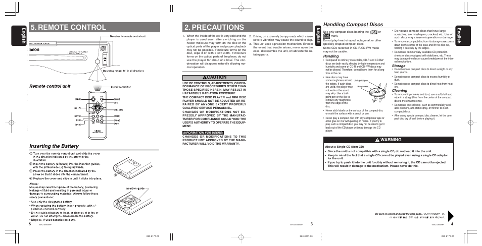 Remote control, Inserting the battery, Precautions | Handling compact discs, 4english english english, Caution, Warning | Clarion WXZ466MP User Manual | Page 8 / 30