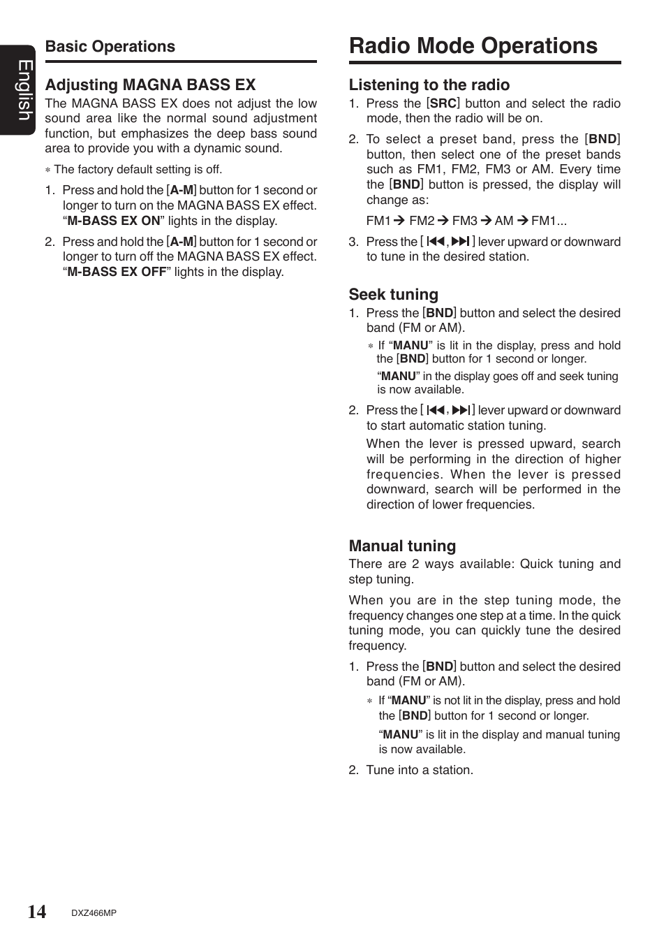 Radio mode operations, 14 english, Basic operations listening to the radio | Seek tuning, Manual tuning, Adjusting magna bass ex | Clarion DXZ466MP User Manual | Page 14 / 31