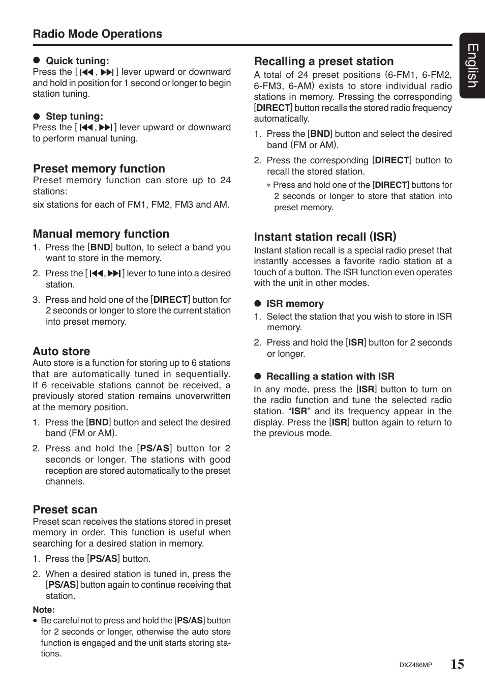 15 english, Auto store, Preset scan | Instant station recall (isr), Radio mode operations, Recalling a preset station | Clarion DXZ466MP User Manual | Page 15 / 31