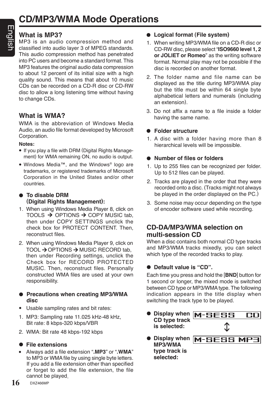Cd/mp3/wma mode operations, 16 english, Cd-da/mp3/wma selection on multi-session cd | What is mp3, What is wma | Clarion DXZ466MP User Manual | Page 16 / 31