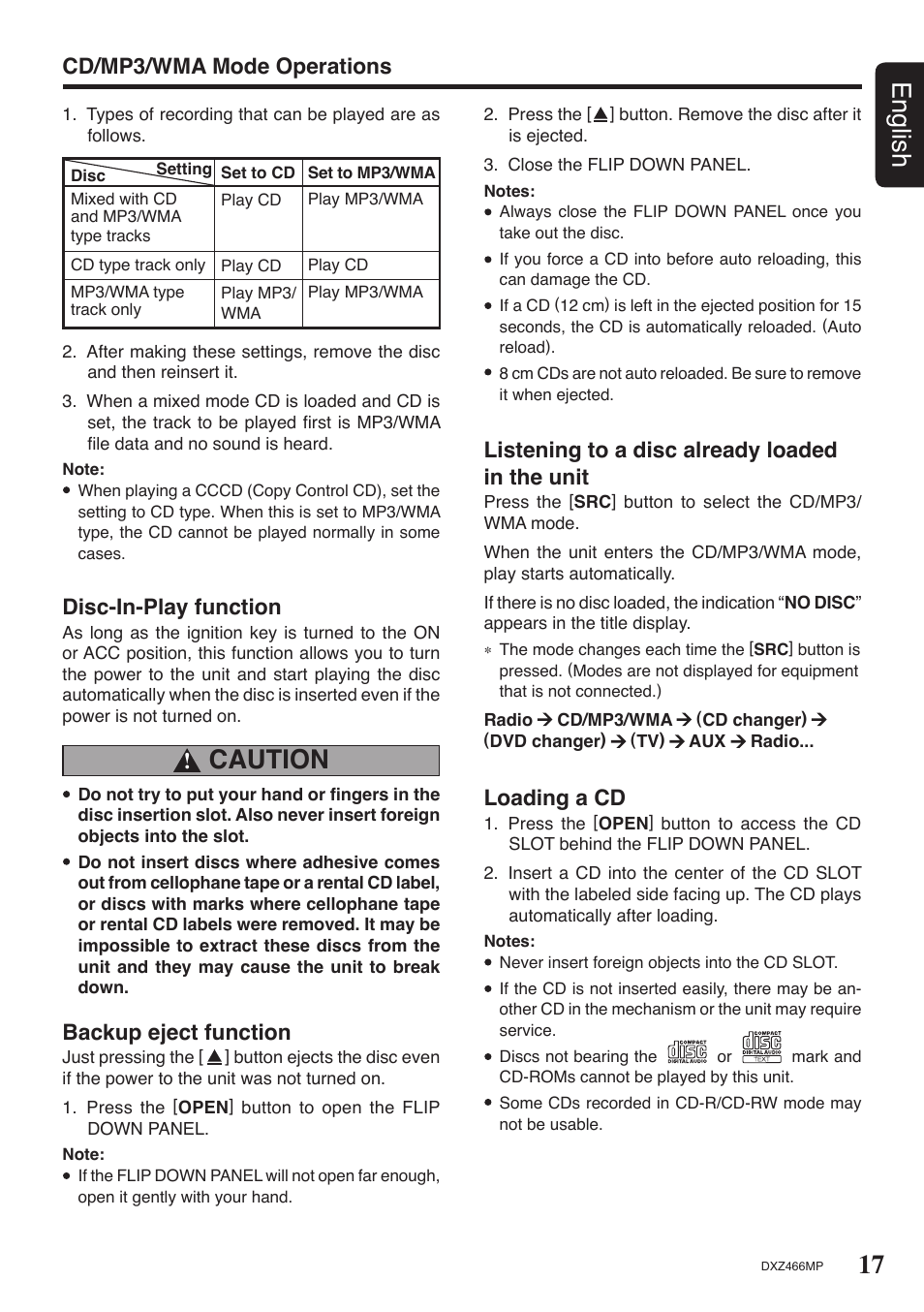 17 english, Caution, Disc-in-play function | Backup eject function, Loading a cd | Clarion DXZ466MP User Manual | Page 17 / 31
