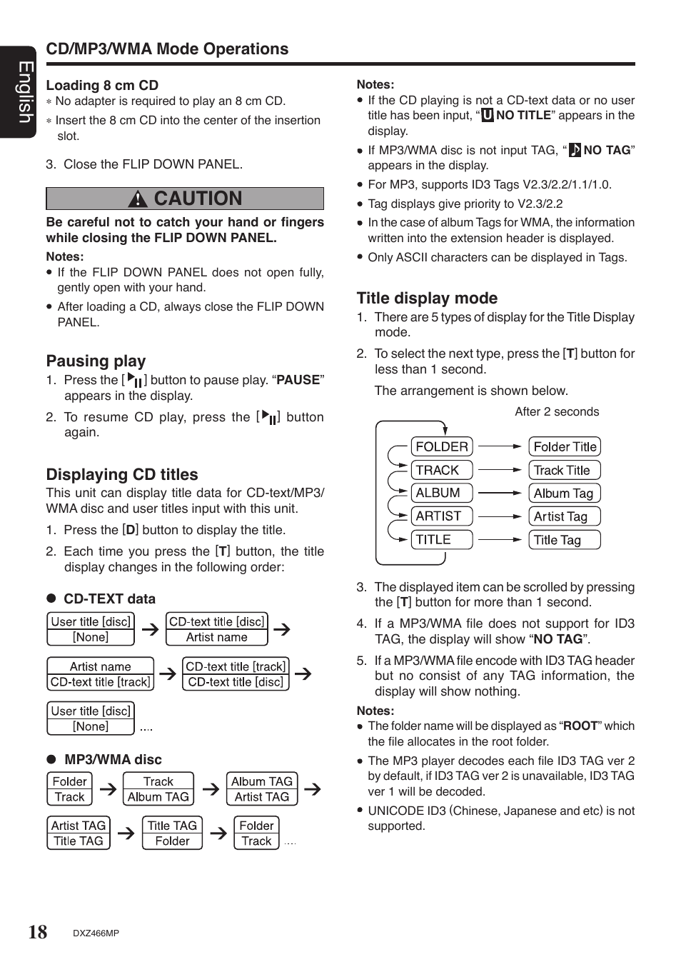 18 english, Caution, Cd/mp3/wma mode operations title display mode | Pausing play, Displaying cd titles | Clarion DXZ466MP User Manual | Page 18 / 31