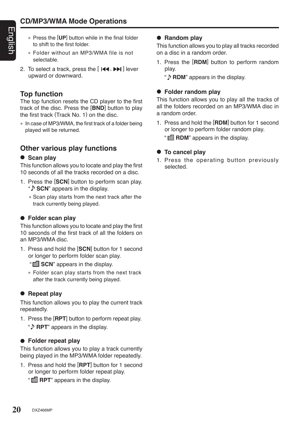 20 english, Cd/mp3/wma mode operations, Top function | Other various play functions | Clarion DXZ466MP User Manual | Page 20 / 31