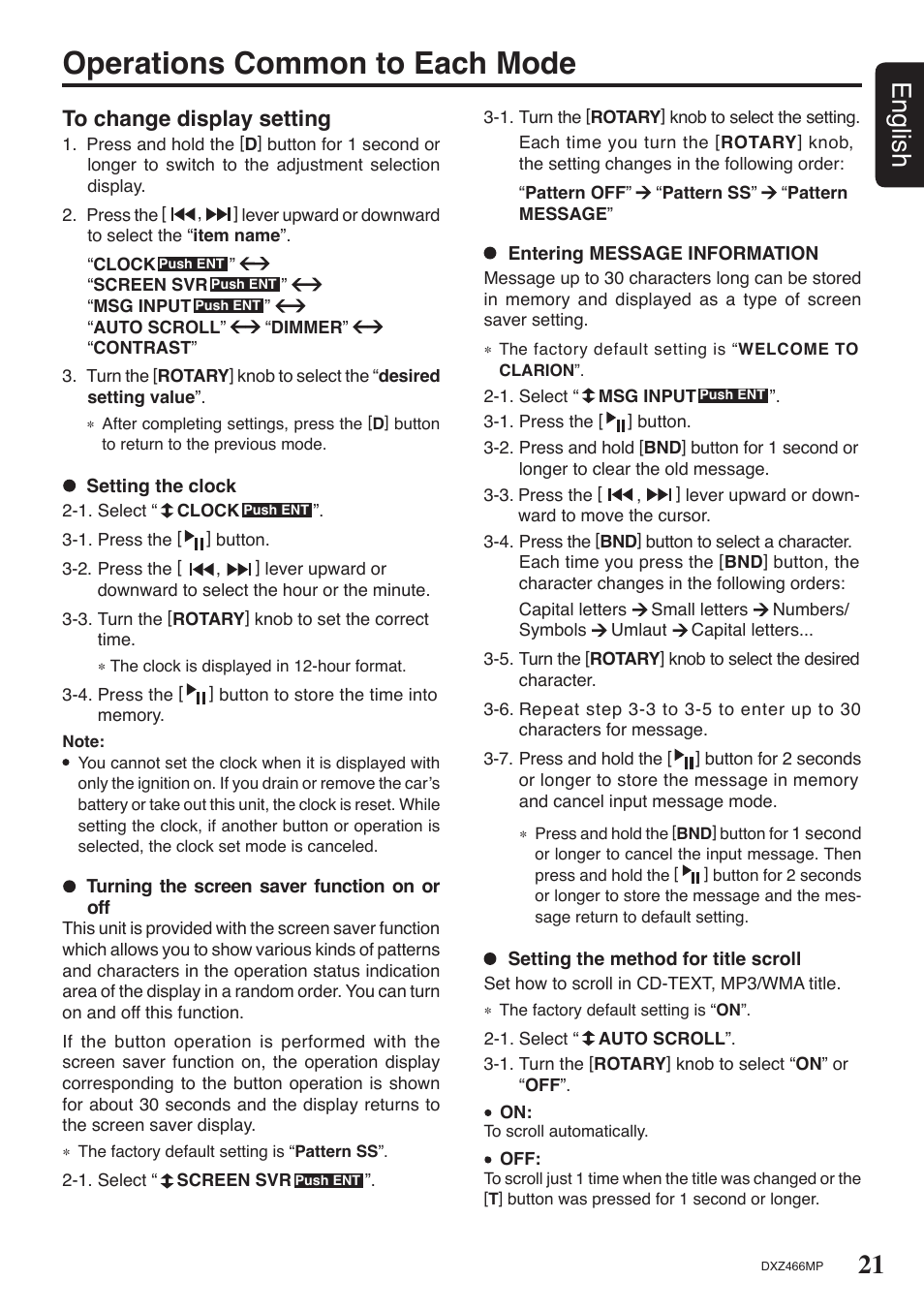 Operations common to each mode, 21 english | Clarion DXZ466MP User Manual | Page 21 / 31