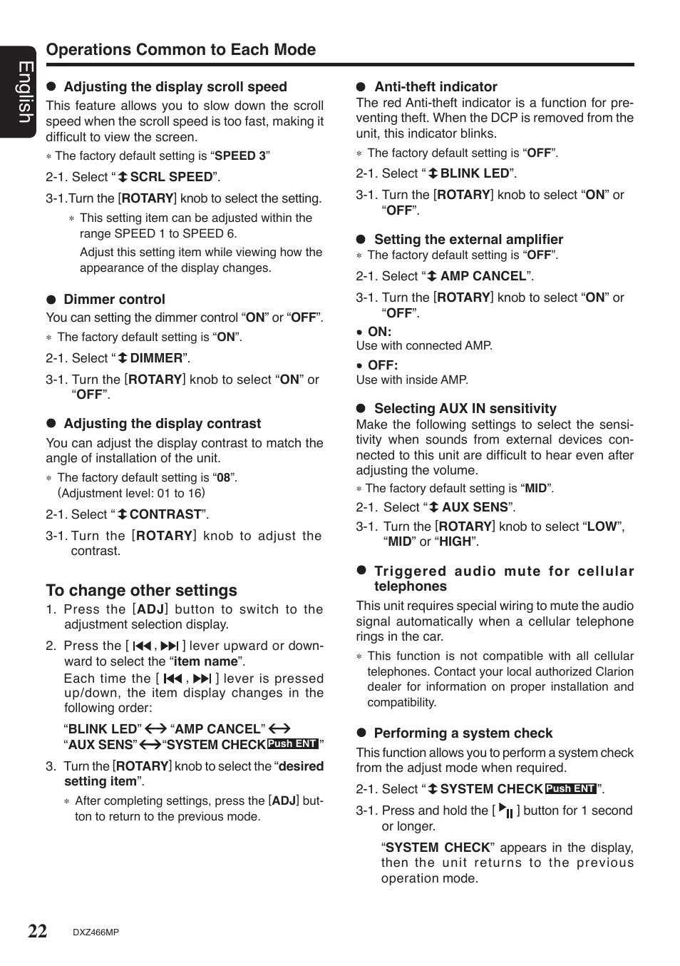 22 english, Operations common to each mode | Clarion DXZ466MP User Manual | Page 22 / 31