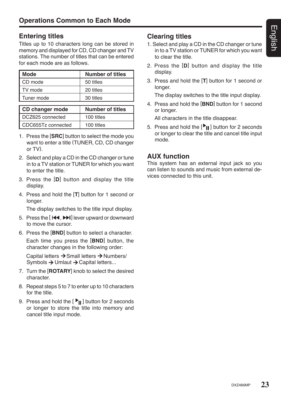 23 english, Clearing titles, Operations common to each mode aux function | Entering titles | Clarion DXZ466MP User Manual | Page 23 / 31