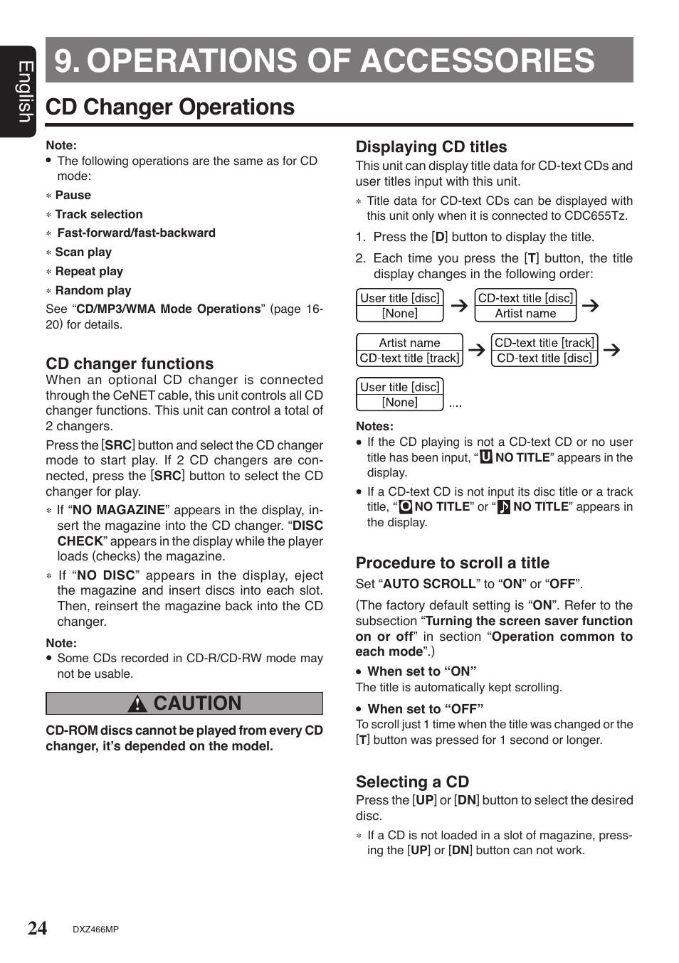Operations of accessories, Cd changer operations, 24 english | Caution | Clarion DXZ466MP User Manual | Page 24 / 31